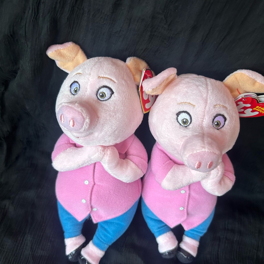 Ty Pink & Blue Plush Pig Pair - Soft Pink Piglets